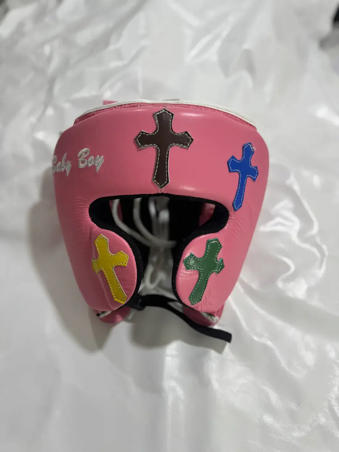 custom pink cross design boxing headgear