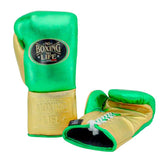 No Boxing No Life Metallic Green & Gold Boxing Gloves | Mexican Handmade Lace-Up Training Gloves