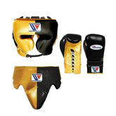 Winning Boxing Set Black & Golden | Gloves, Headgear & Groin Protector – Premium Japanese Boxing Gear
