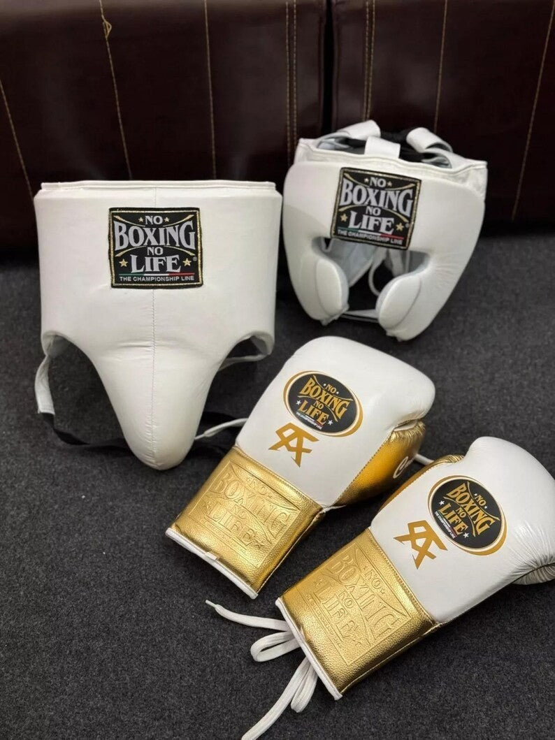 No Boxing No Life White & Gold Boxing Set – Championship Gloves, Headgear & Groin Protector | Elite Training & Sparring Gear My Store
