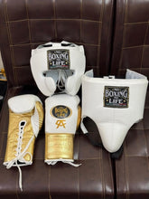 No Boxing No Life White & Gold Boxing Set – Championship Gloves, Headgear & Groin Protector | Elite Training & Sparring Gear