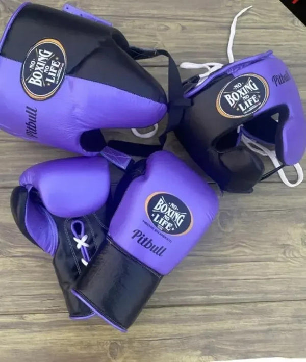 No Boxing No Life Pitbull Purple & Black Boxing Set – Gloves, Headgear & Groin Guard | Authentic Mexican Gear (8oz–16oz)