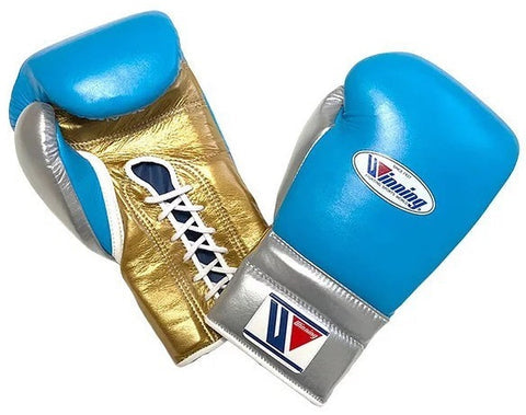Winning Professional Boxing Gloves Light Blue/Gold | Japanese Handmade Lace-Up Sparring Gloves My Store