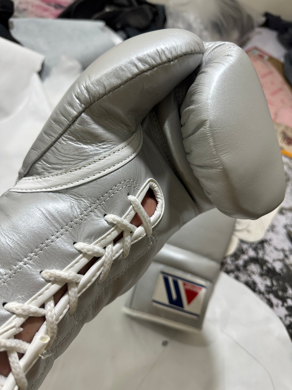Winning Metallic Silver Lace-Up Boxing Gloves | Premium Japanese Professional Training & Sparring Gloves My Store