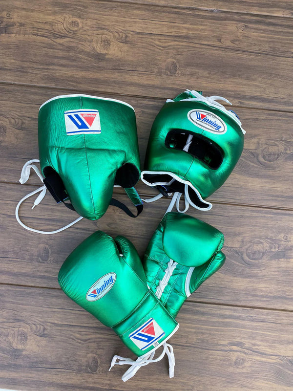 Winning Metallic Green Boxing Set – Lace-Up Gloves (All Sizes) + Headgear + Groin Guard | Premium Japan-Made Gear My Store