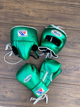 Winning Metallic Green Boxing Set – Lace-Up Gloves (All Sizes) + Headgear + Groin Guard | Premium Japan-Made Gear