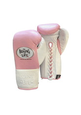 No Boxing No Life Pink & White Lace-Up Boxing Gloves | Professional Mexican Training & Sparring Gloves