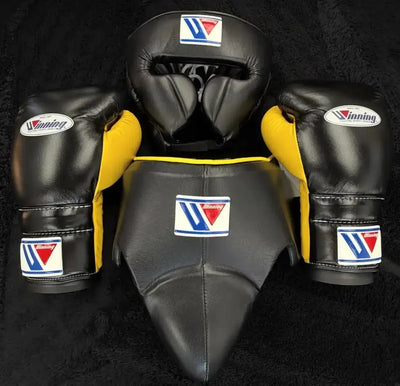 Winning All Black Boxing Set – Gloves (All Sizes) + Headgear +