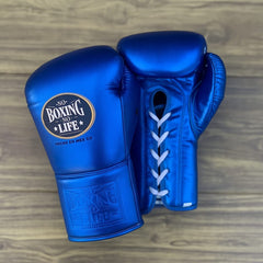 No Boxing No Life Metallic Blue Boxing Gloves | Premium Mexican Lace-Up Training Gloves
