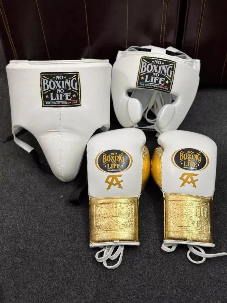 No Boxing No Life White & Gold Boxing Set – Championship Gloves, Headgear & Groin Protector | Elite Training & Sparring Gear