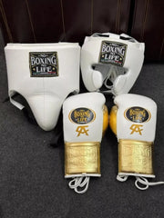 No Boxing No Life White & Gold Boxing Set – Championship Gloves, Headgear & Groin Protector | Elite Training & Sparring Gear