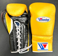 Winning 16oz Custom Lace-Up Boxing Gloves – Yellow & Black | Premium Japan-Made Sparring Gloves (8oz–20oz Available)