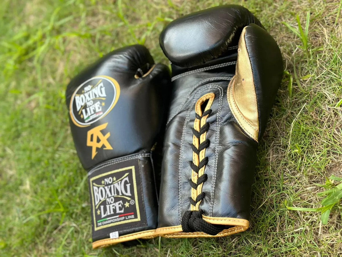 No Boxing No Life Black & Gold Boxing Gloves with Headgear | Professional Training & Sparring Set