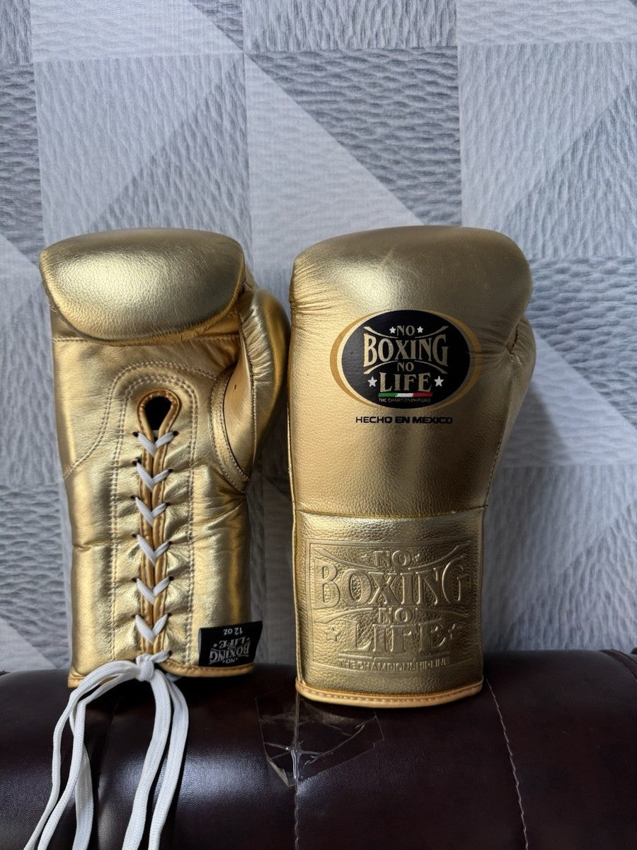 No Boxing No Life Metallic Gold Boxing Gloves | Mexican Handmade Lace-Up Pro Training Gloves