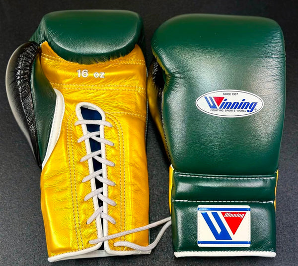 Winning Professional Lace-Up Boxing Gloves – Premium Sparring & Training Gloves | Green & Yellow | Available in All Sizes (8oz–18oz)