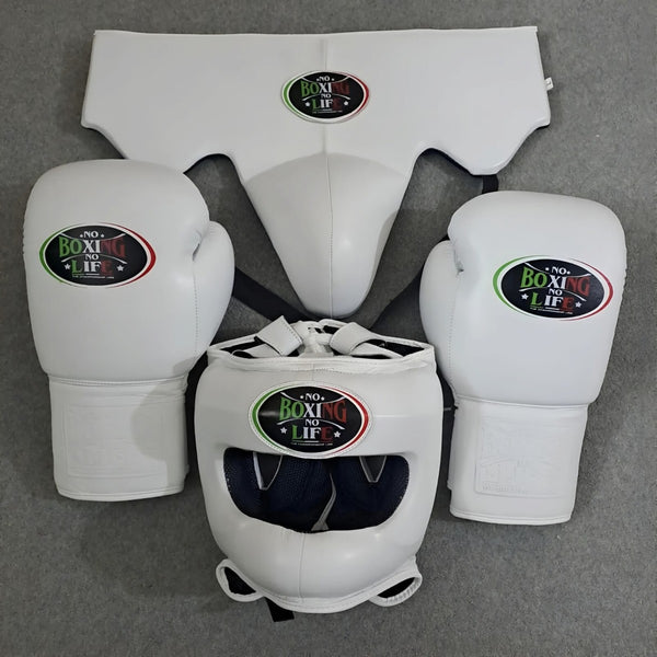 No Boxing No Life All-White Boxing Set – Gloves, Headgear & Groin Protector | Handmade Mexican Boxing Gear (8oz–16oz)