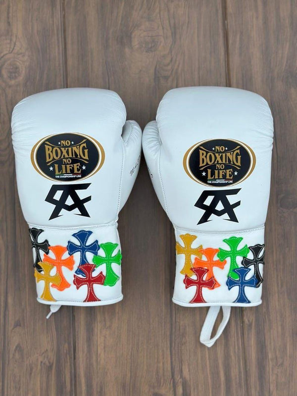 No Boxing No Life White Boxing Gloves – Multicolor Cross Edition (SA Logo) | Mexican Professional Gloves 8oz–16oz
