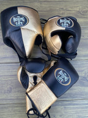 No Boxing No Life Black & Gold Edition Boxing Set – Gloves, Headgear & Groin Guard | Handmade in Mexico (8oz–16oz)