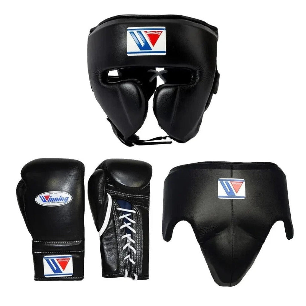 Winning All Black Boxing Set – Gloves (All Sizes) + Headgear +