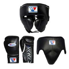 Winning All Black Boxing Set – Gloves (All Sizes) + Headgear + Groin Guard | Premium Japan-Made Gear