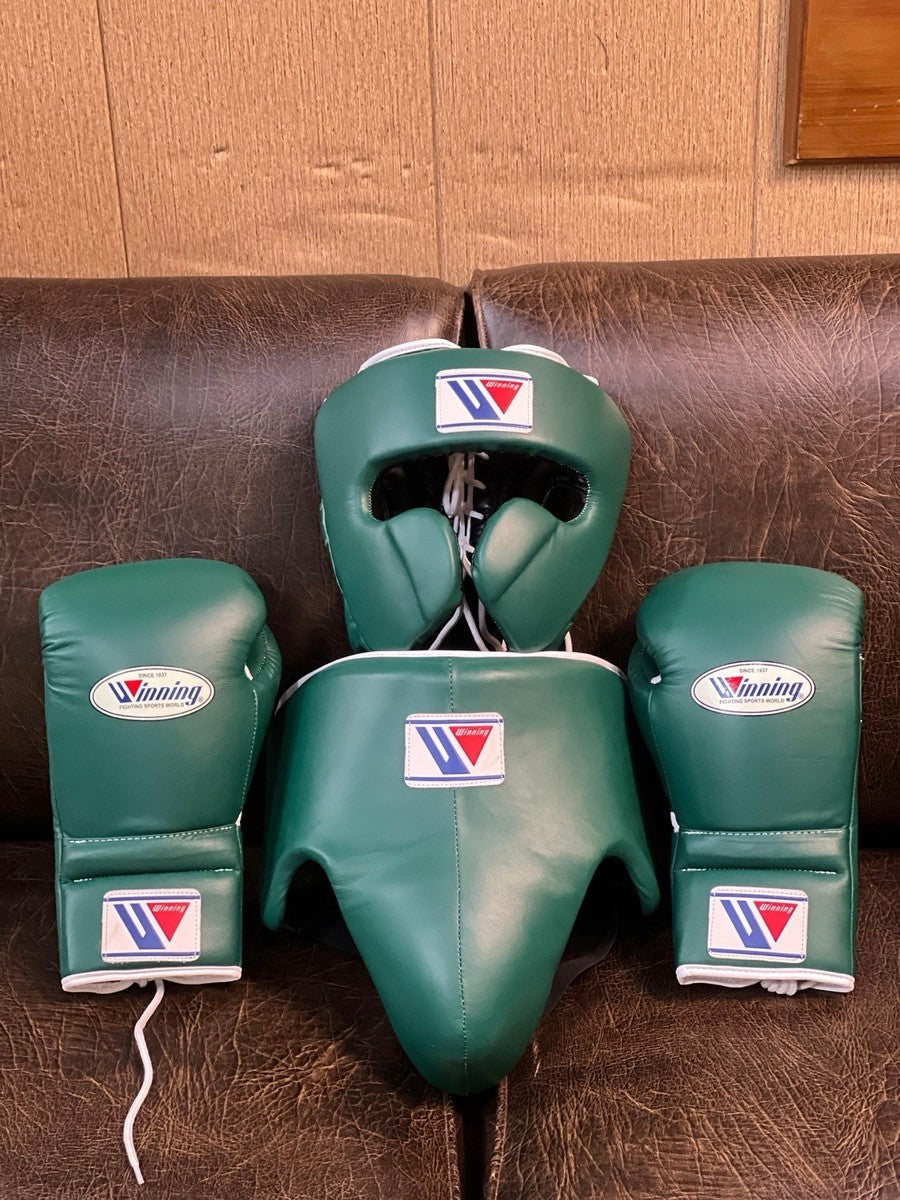 Winning Professional Boxing Set – Green | Headgear, Gloves & Groin Protector (Made in Japan)