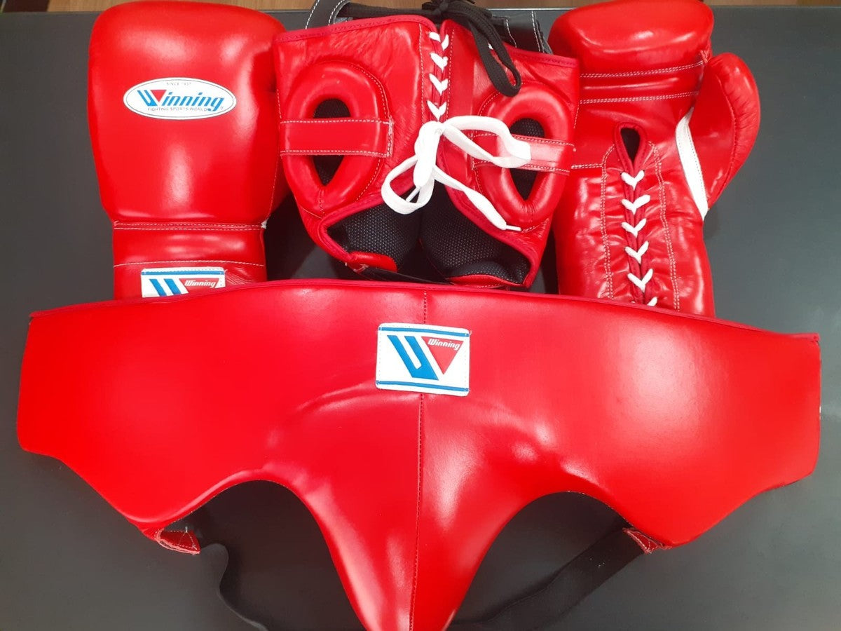 Winning Boxing Set – Red Gloves, Headgear & Groin Protector | Professional Sparring & Training Gear (8oz–16oz Gloves)