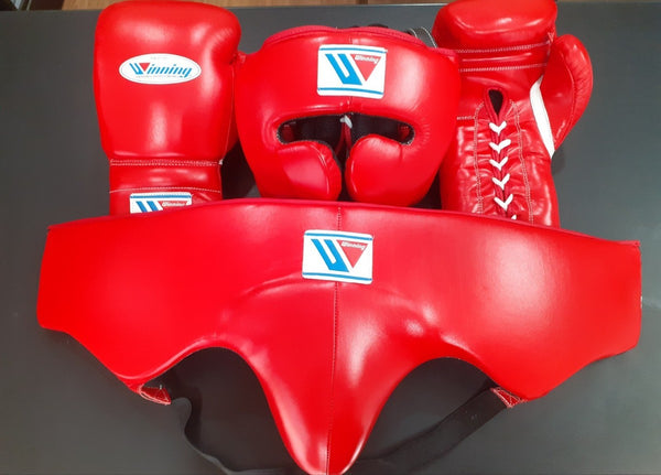 Winning Boxing Set – Red Gloves, Headgear & Groin Protector | Professional Sparring & Training Gear (8oz–16oz Gloves)