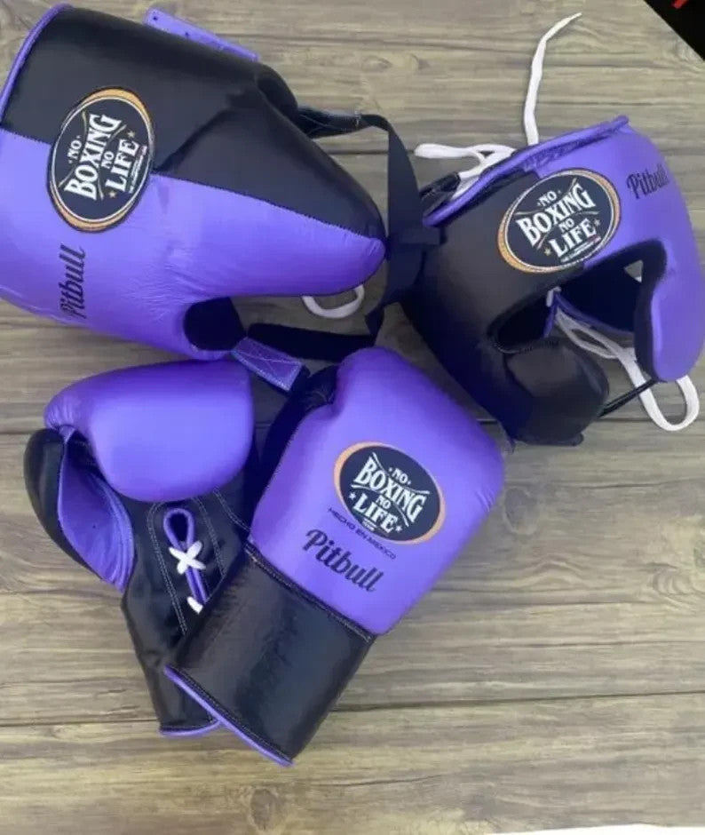 No Boxing No Life Pitbull Purple & Black Boxing Set – Gloves, Headgear & Groin Guard | Authentic Mexican Gear (8oz–16oz)