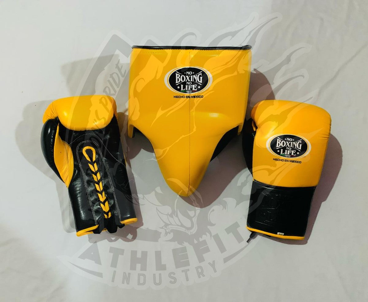 No Boxing No Life Yellow Boxing Set – Gloves, Headgear & Groin Guard | Premium Mexican Boxing Gear (8oz–16oz)