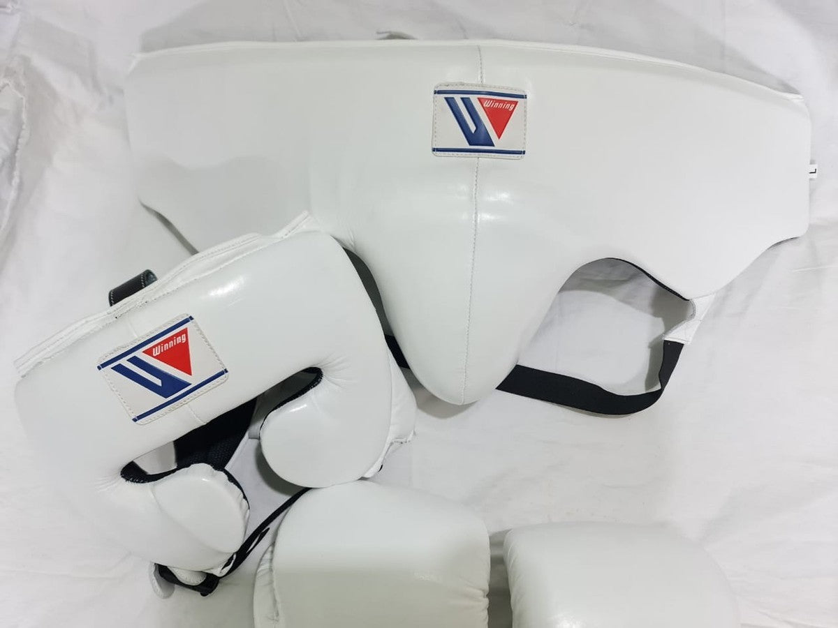 Winning Boxing Protection Bundle – All White | Gloves, Headgear & Groin Protector