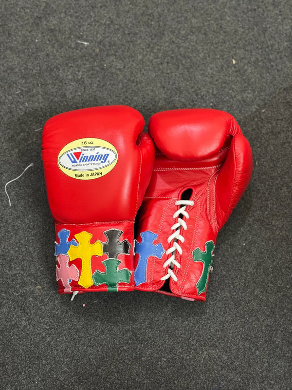 Custom Red Winning Puzzle Lace-Up Boxing Gloves – Premium Sparring & Training Gloves | Punch Pro Boxing