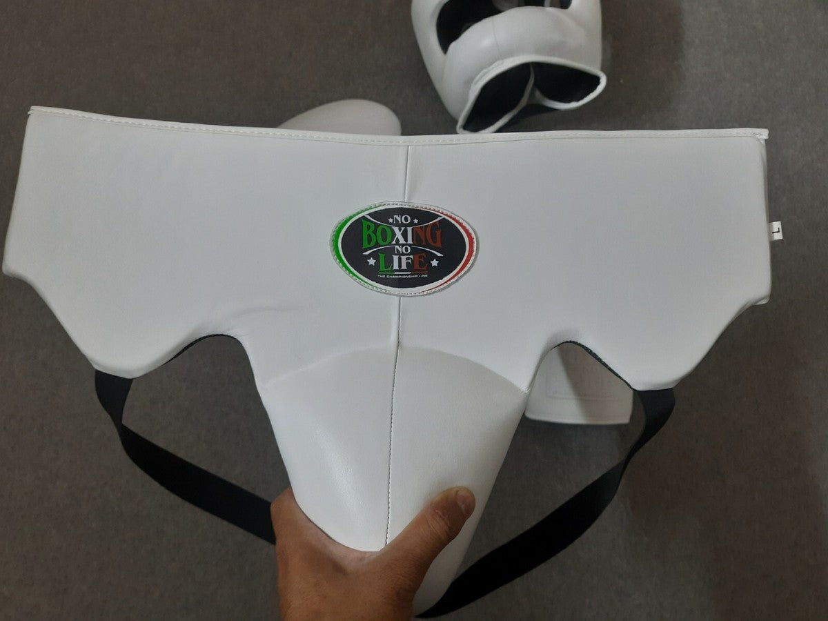 No Boxing No Life All-White Boxing Set – Gloves, Headgear & Groin Protector | Handmade Mexican Boxing Gear (8oz–16oz)
