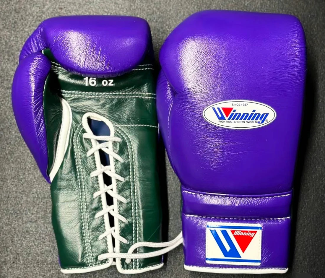 Winning Japan Two-Tone Purple Green Lace-Up Professional Boxing Gloves