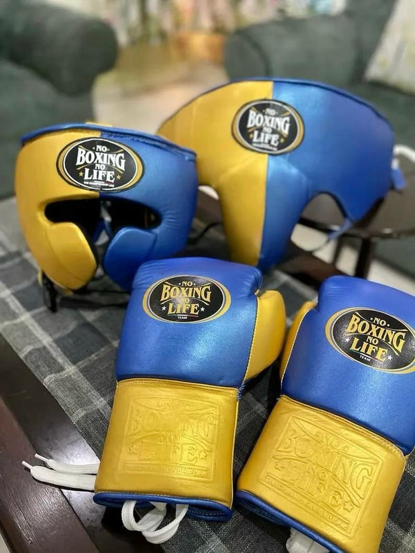 No Boxing No Life Blue & Gold Boxing Set – Gloves, Headgear & Groin Guard | Authentic Mexican Boxing Gear (8oz–16oz)