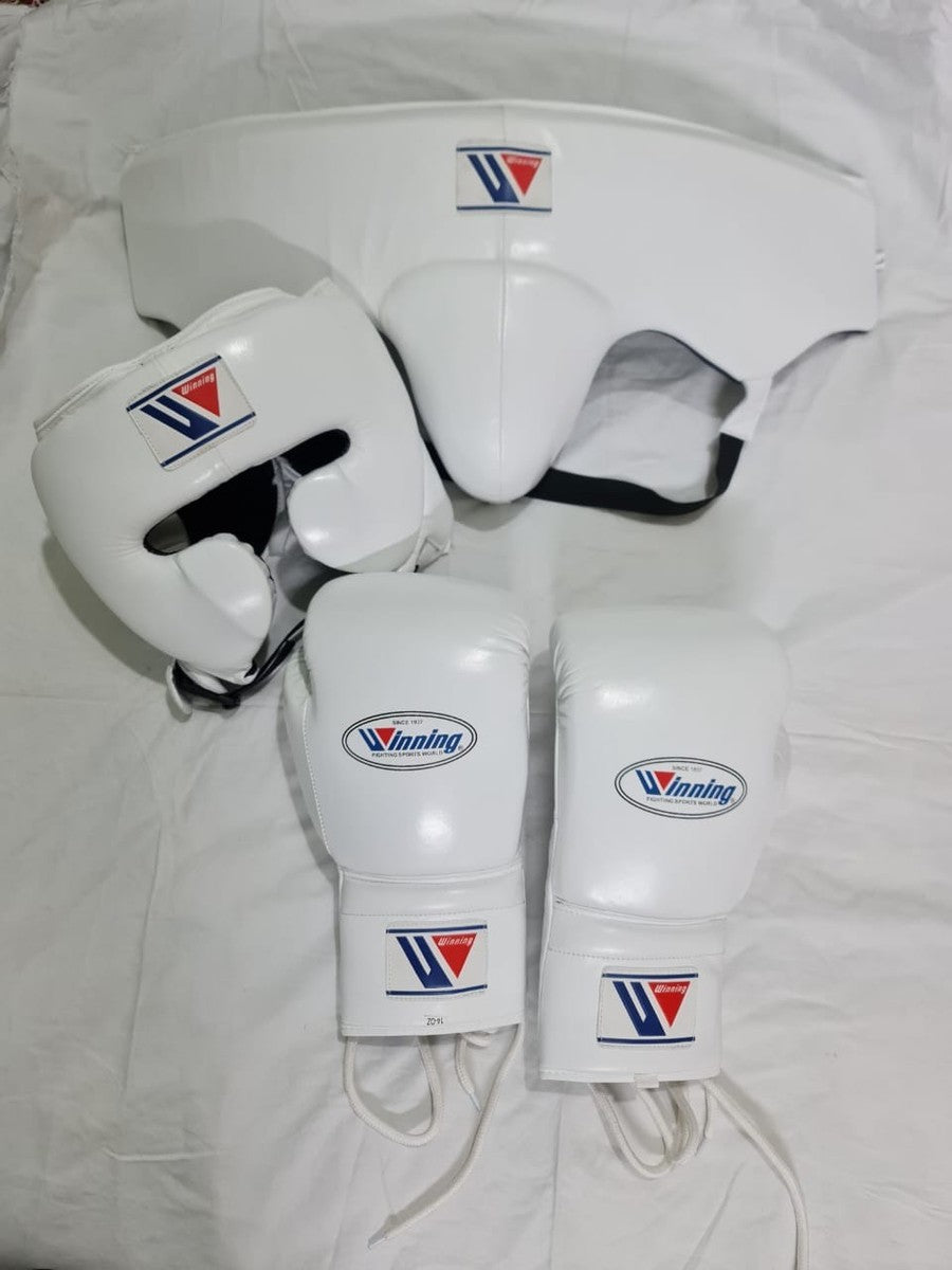 Winning Boxing Protection Bundle – All White | Gloves, Headgear & Groin Protector