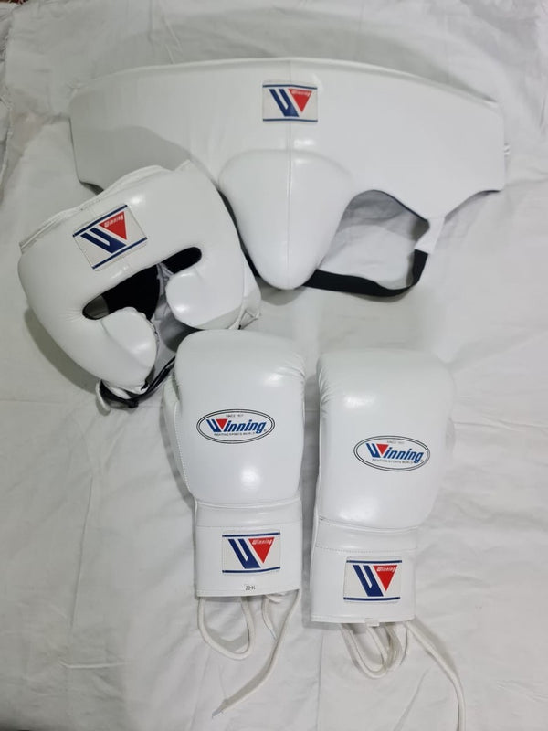 Winning Boxing Protection Bundle – All White | Gloves, Headgear & Groin Protector