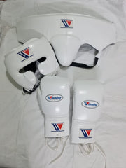 Winning Boxing Protection Bundle – All White | Gloves, Headgear & Groin Protector