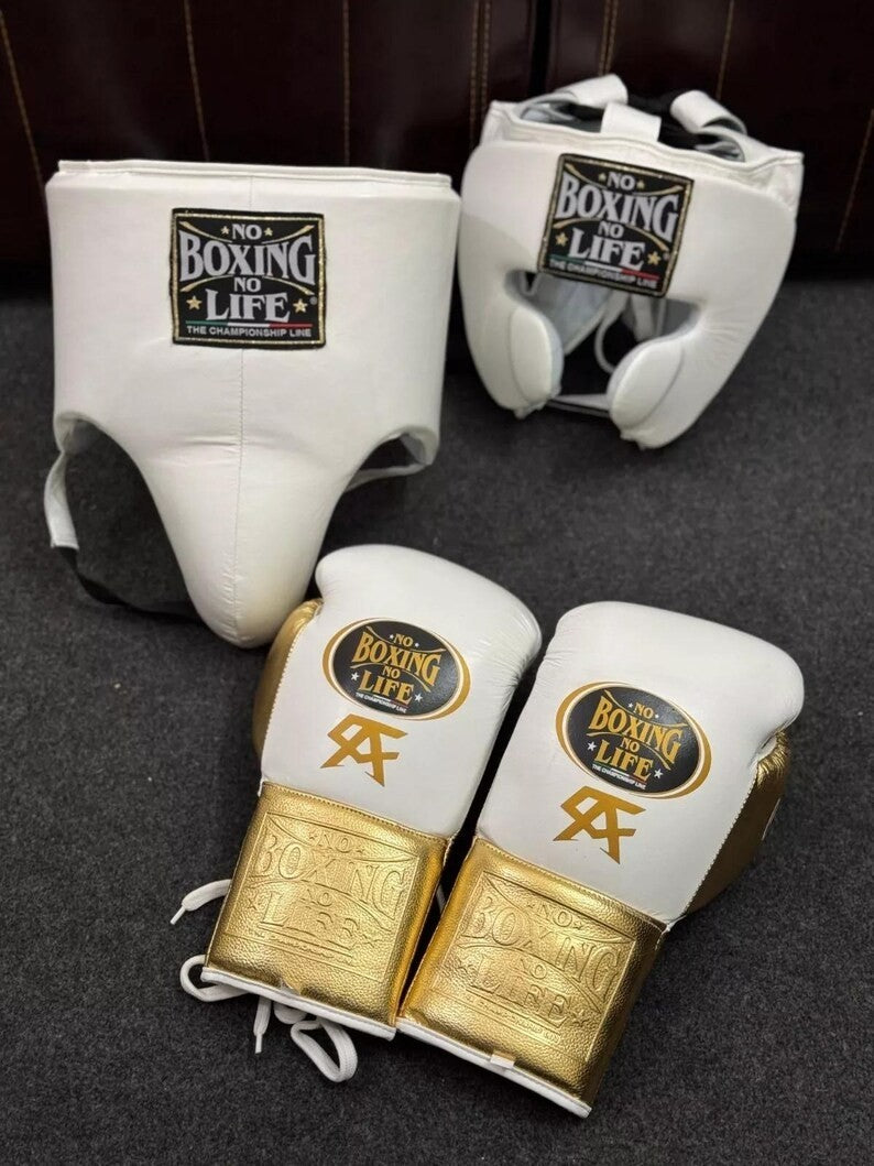 No Boxing No Life White & Gold Boxing Set – Championship Gloves, Headgear & Groin Protector | Elite Training & Sparring Gear