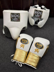 No Boxing No Life White & Gold Boxing Set – Championship Gloves, Headgear & Groin Protector | Elite Training & Sparring Gear