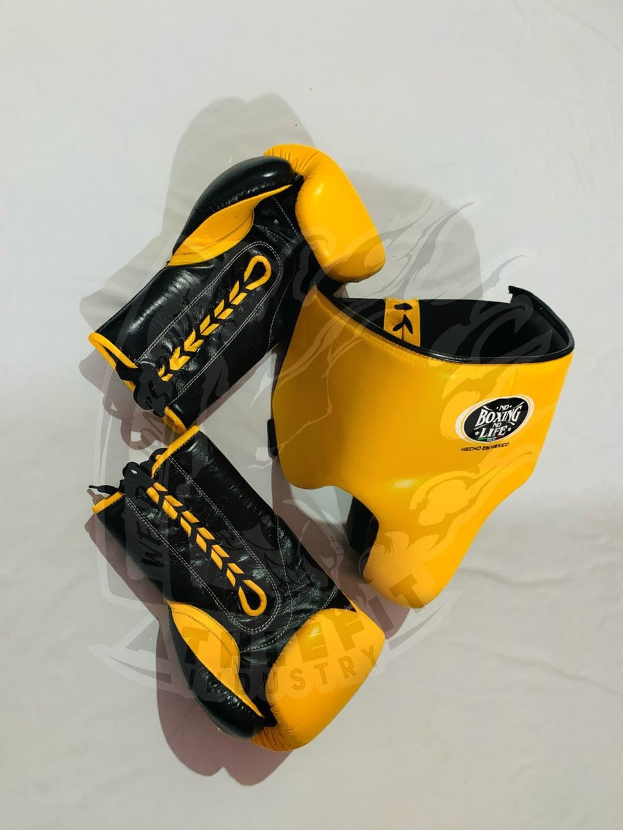 No Boxing No Life Yellow Boxing Set – Gloves, Headgear & Groin Guard | Premium Mexican Boxing Gear (8oz–16oz)