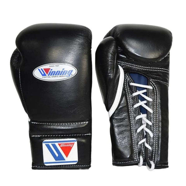 Winning Custom Black Lace-Up Boxing Gloves – Premium Japan-Made Training & Sparring Gloves (8oz–20oz)