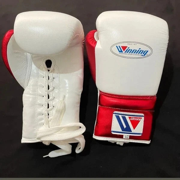 Winning Professional Boxing Gloves White/Red | Japanese Made Lace-Up Training & Sparring Gloves