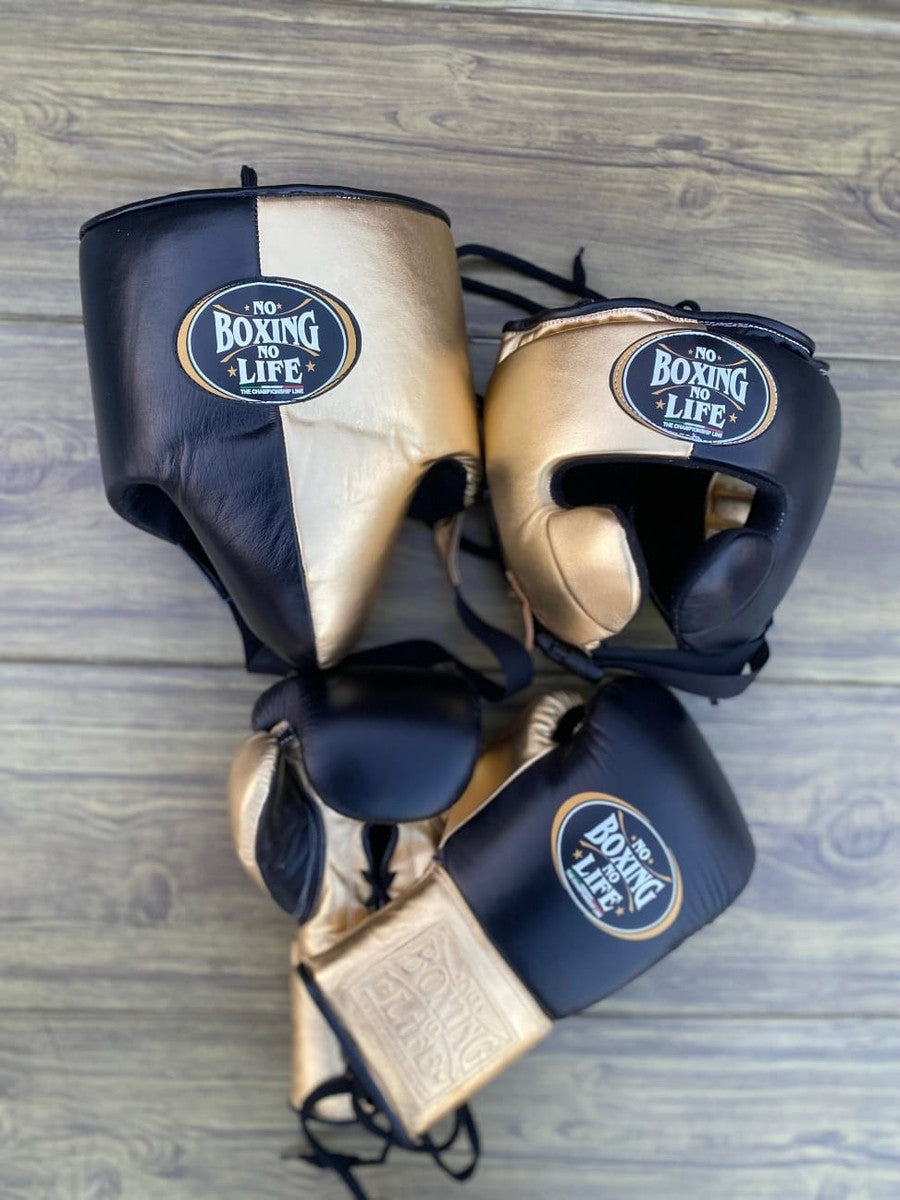 No Boxing No Life Black & Gold Edition Boxing Set – Gloves, Headgear & Groin Guard | Handmade in Mexico (8oz–16oz)