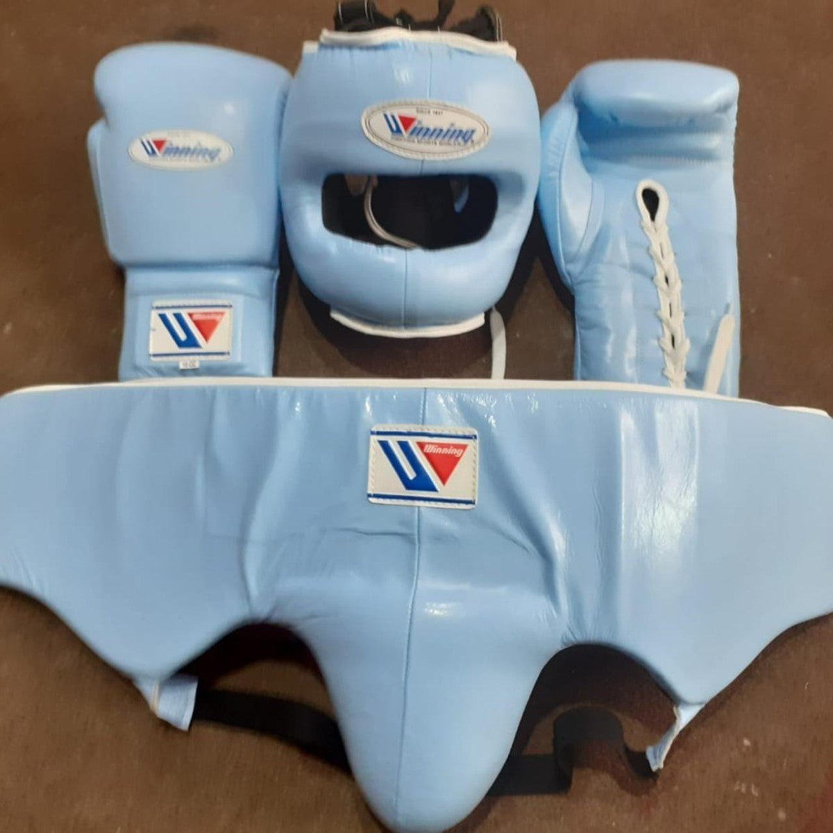 Winning Boxing Set Blue | Pro Fight Gloves, FG-5000 Headgear & Groin Protector