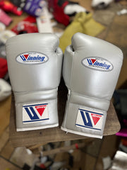 Winning Metallic Silver Lace-Up Boxing Gloves | Premium Japanese Professional Training & Sparring Gloves