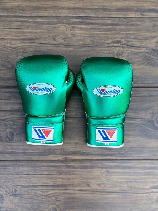 Winning Metallic Green Boxing Set – Lace-Up Gloves (All Sizes) + Headgear + Groin Guard | Premium Japan-Made Gear