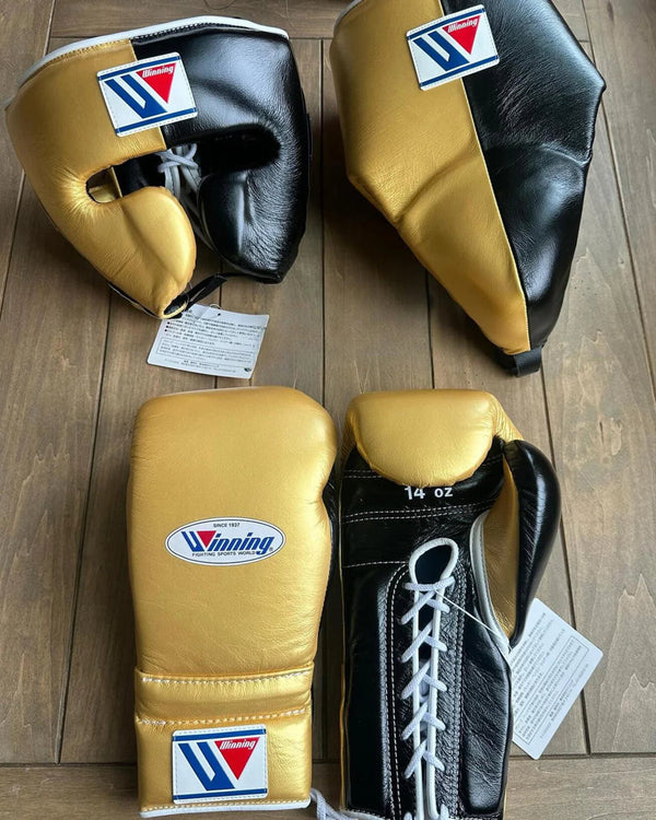 Winning Black & Gold Boxing Set – Lace-Up Gloves (All Sizes) + Headgear + Groin Guard | Elite Japan-Made Gear