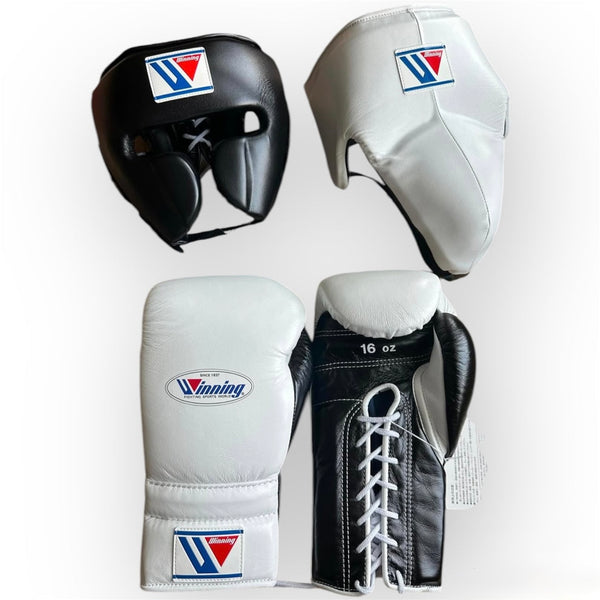 Winning Professional Boxing Gear Set – Black & White Edition | Lace-Up Gloves & Headgear | All Sizes (Gloves 8oz–18oz, Headgear S–XL)