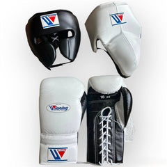 Winning Professional Boxing Gear Set – Black & White Edition | Lace-Up Gloves & Headgear | All Sizes (Gloves 8oz–18oz, Headgear S–XL)