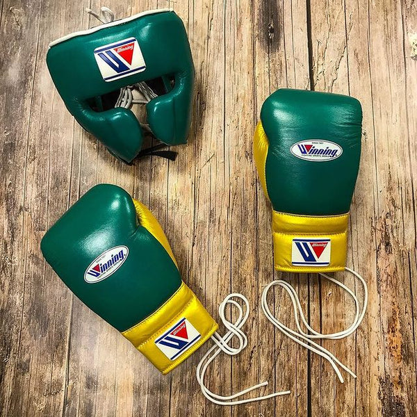 Winning Boxing Set – Green & Yellow Gloves with Matching Headgear | Professional Training & Sparring Set (8oz–16oz Gloves)
